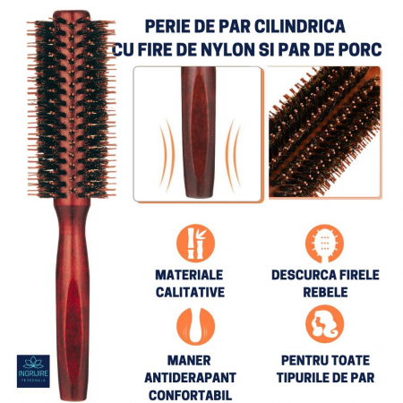 Perie de par circulara, maner hexagonal din lemn, termorezistenta [1]