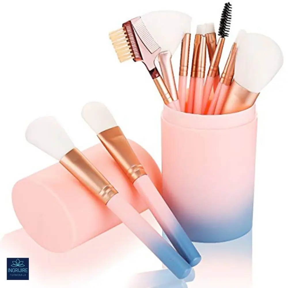 Makeup - Set 12 pensule Flamingo Pink, machiaj profesional, cilindru transport