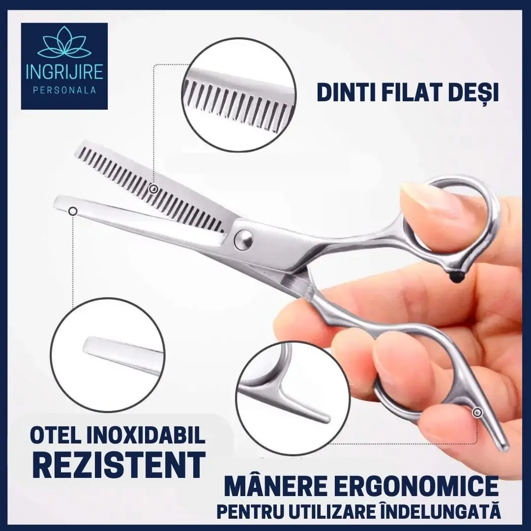 Set complet pentru frizerie format din foarfece pentru tuns si filat 6'', brici cu lama interschimbabila si pieptan din otel inoxidabil [5]