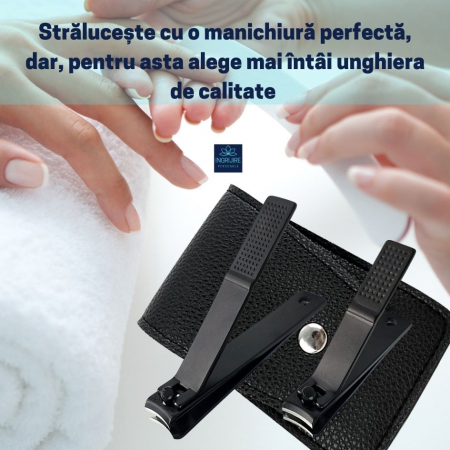 Set de 2 unghiere pentru manichiura&pedichiura cu carcasa din piele ecologica, otel negru mat [5]
