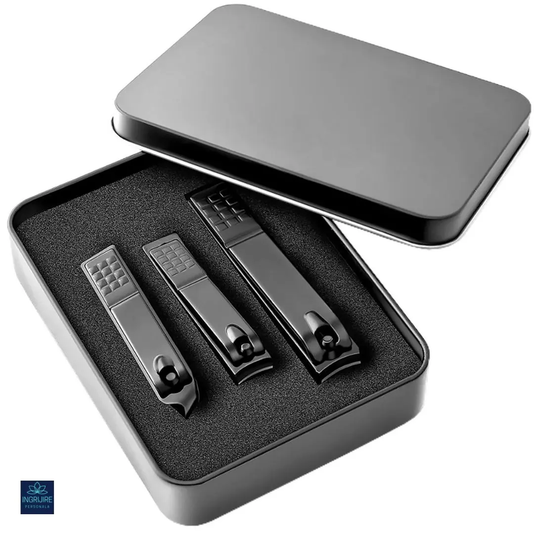 Manichiura si pedichiura - Set de 3 unghiere pentru manichiura&pedichiura cu carcasa, otel inoxidabil