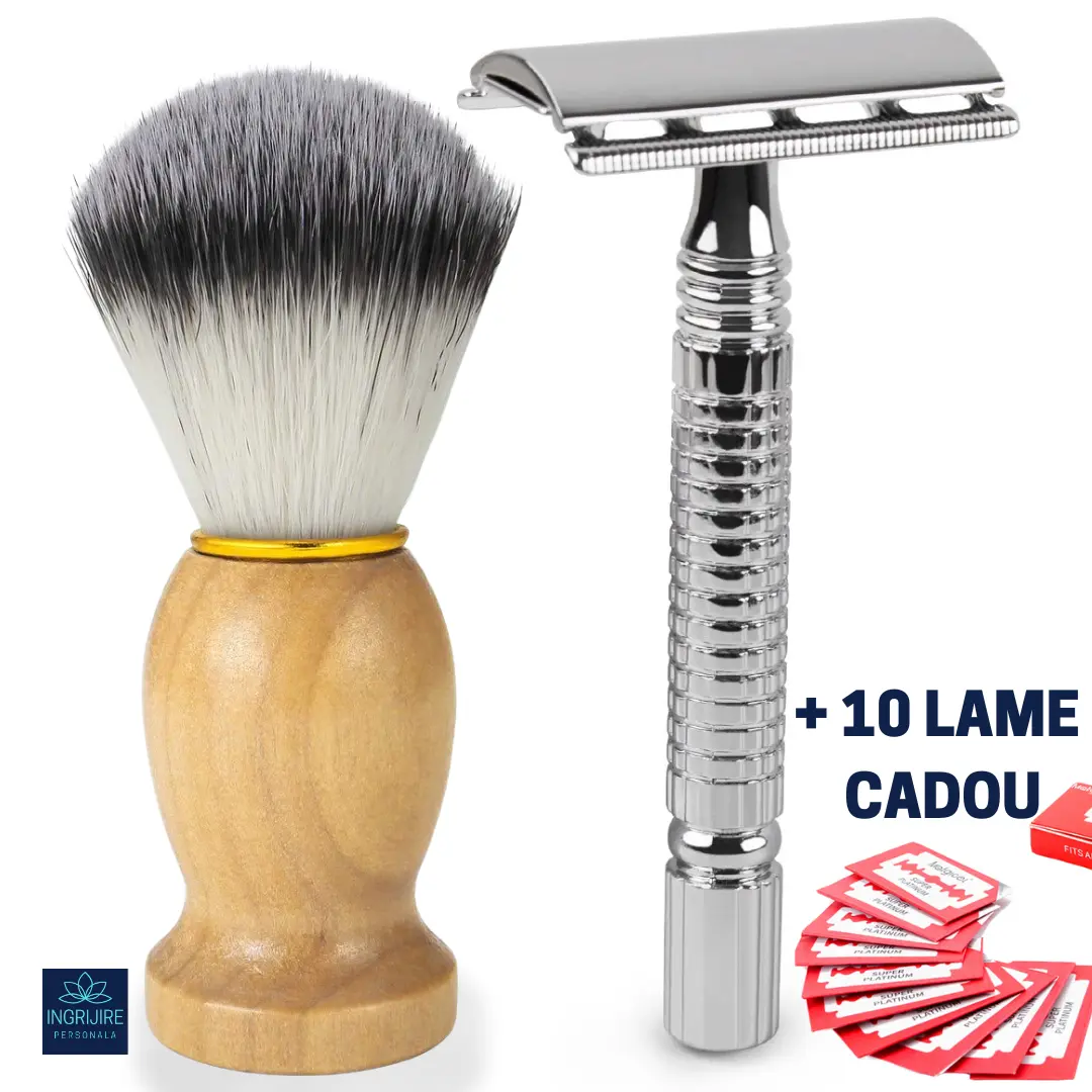 Aparate de ras clasice - Set pentru barbierit din aparat de ras clasic Safety razor si pamatuf cu maner din lemn
