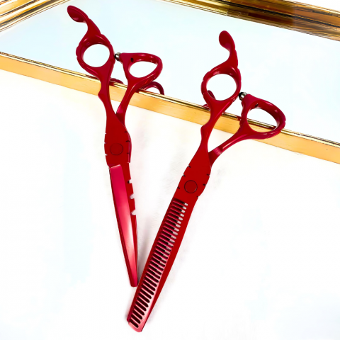 Foarfece de tuns - Set profesional de 2 foarfece de tuns si filat 6''- phantom red