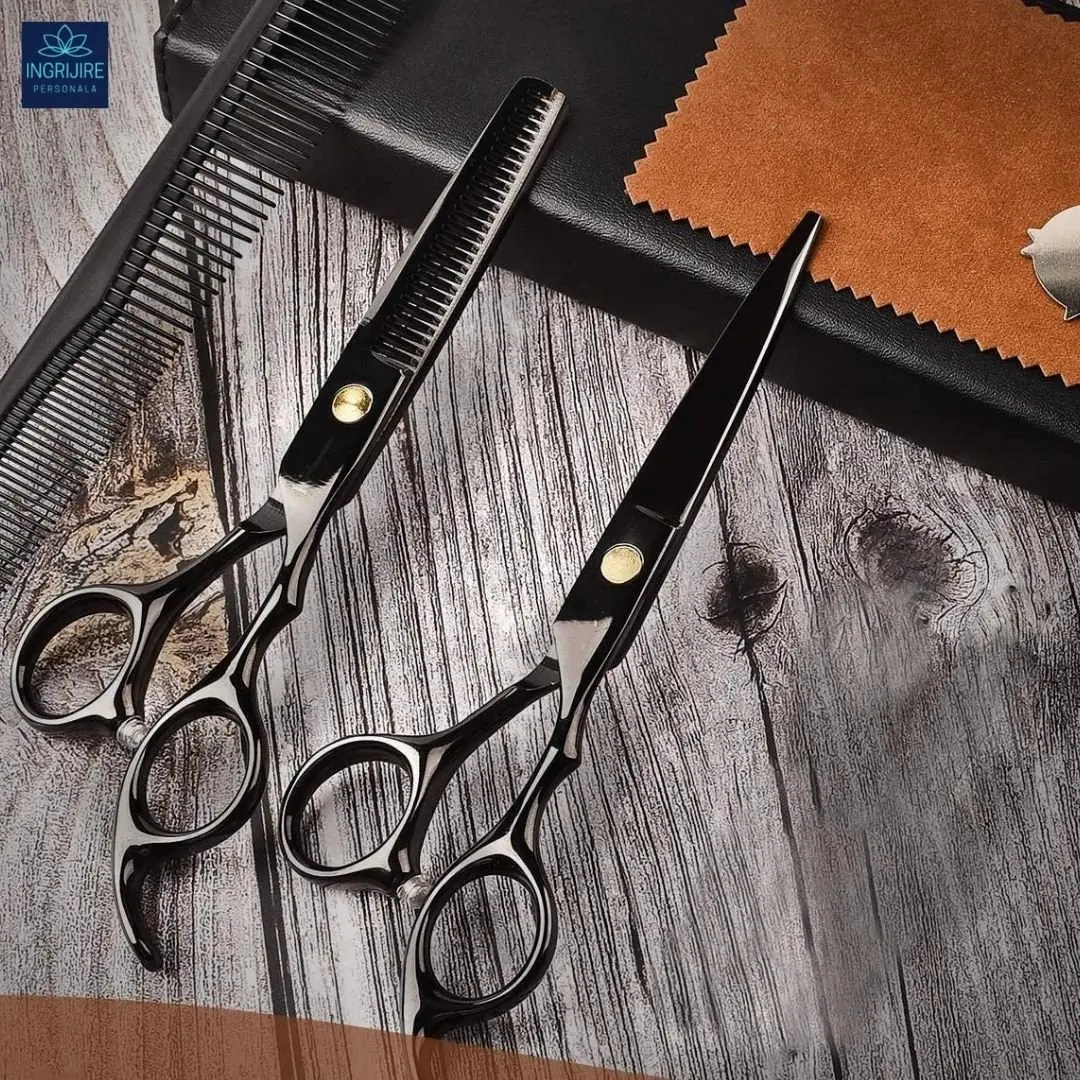 Foarfece de tuns - Set profesional de 2 foarfece de tuns si filat 6'', Matte Black