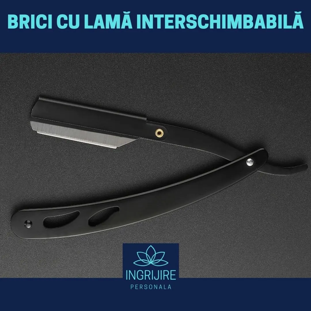 Set profesional pentru frizerie format din foarfece pentru tuns si filat 6'', brici cu lama interschimbabila si pieptan, Matte Black [4]