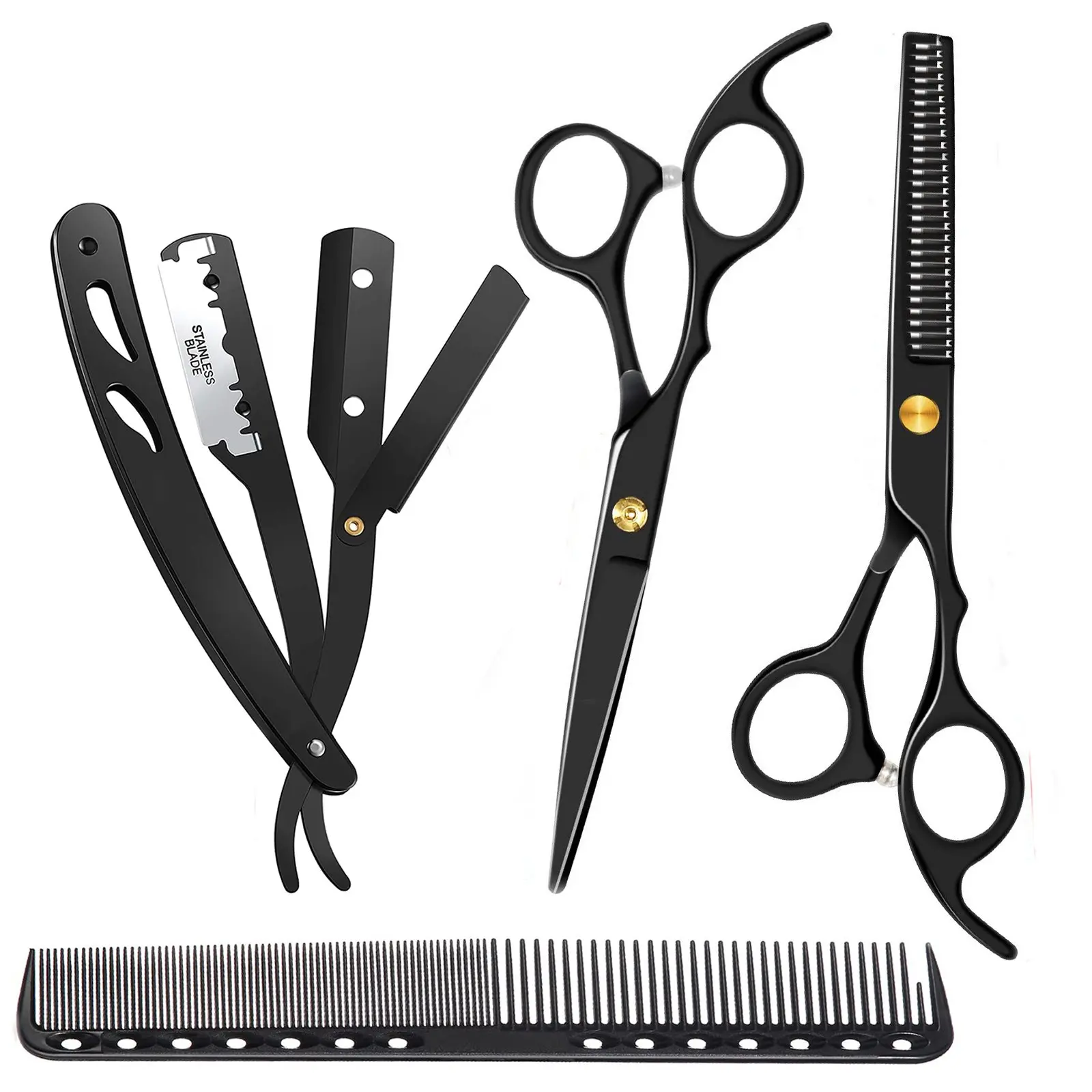 Seturi de tuns - Set profesional pentru frizerie format din foarfece pentru tuns si filat 6'', brici cu lama interschimbabila si pieptan, Matte Black