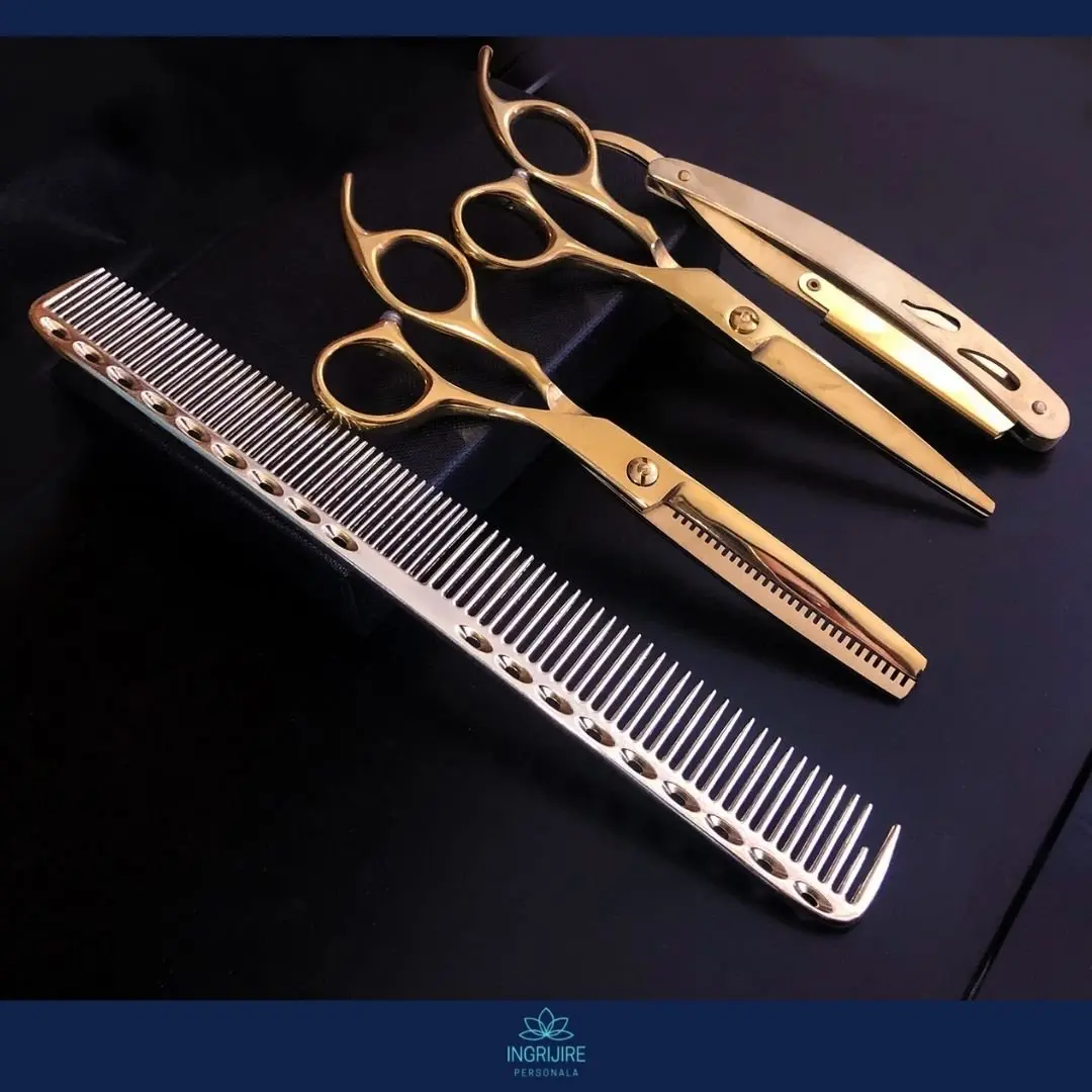 Set profesional pentru frizerie format din foarfece pentru tuns si filat 6'', brici cu lama interschimbabila si pieptan, Royal Gold [9]