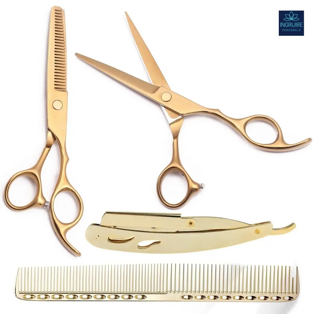 Seturi de tuns - Set profesional pentru frizerie format din foarfece pentru tuns si filat 6'', brici cu lama interschimbabila si pieptan, Royal Gold