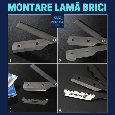 Set profesional pentru frizerie format din foarfece pentru tuns si filat 6'', brici cu lama interschimbabila si pieptan, Matte Black [10]