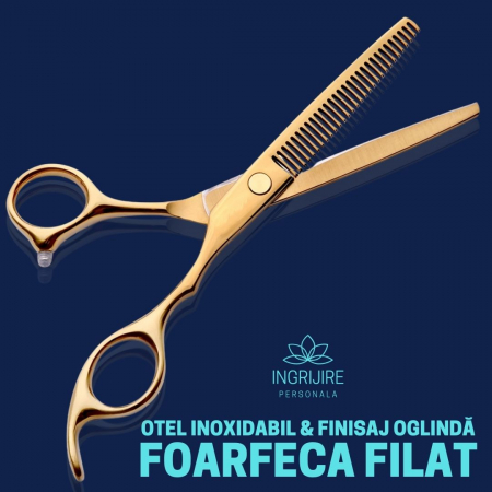 Set profesional pentru frizerie format din foarfece pentru tuns si filat 6'', brici cu lama interschimbabila si pieptan, Royal Gold [4]