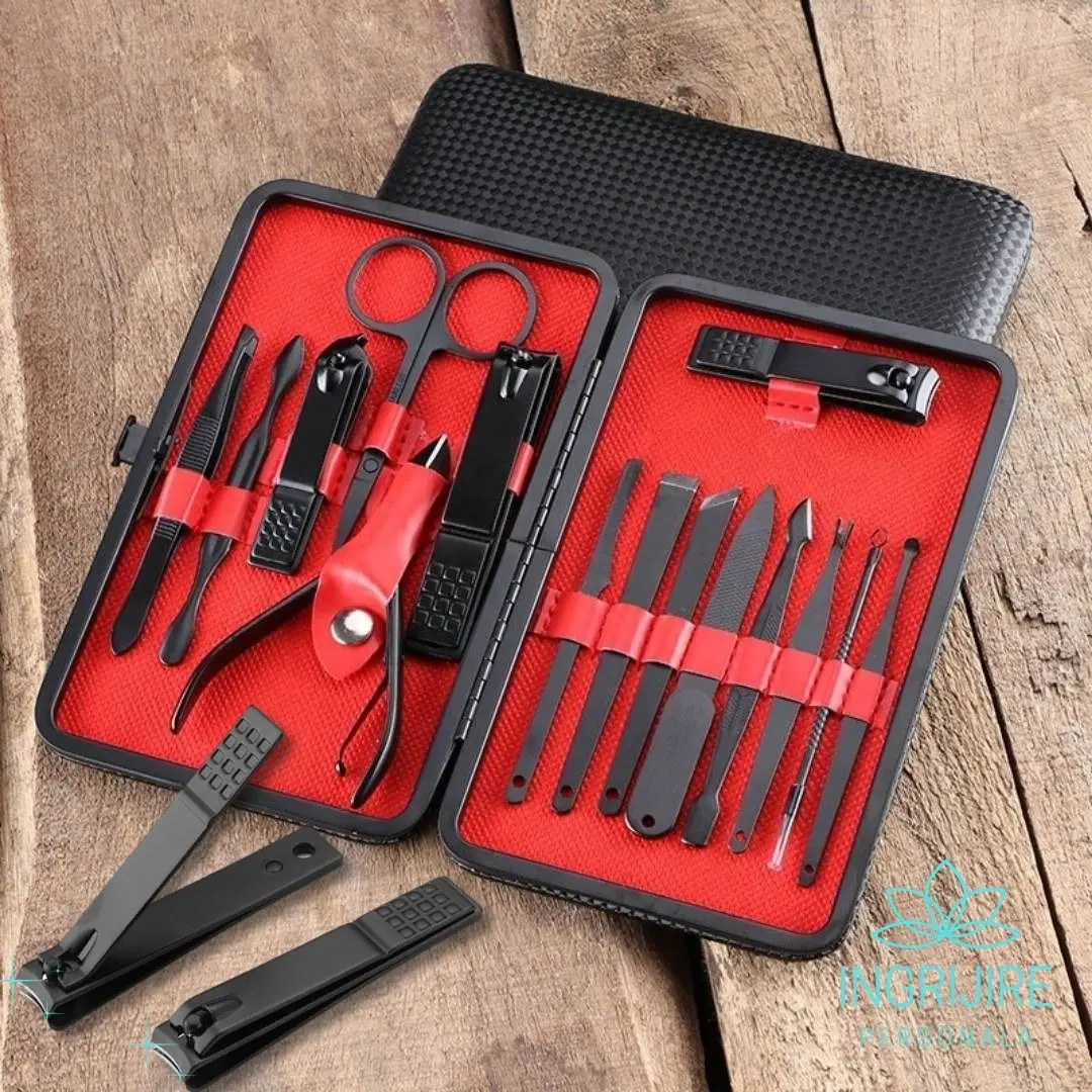 Truse manichiura si pedichiura - Trusa manichiura 15 piese, otel negru mat