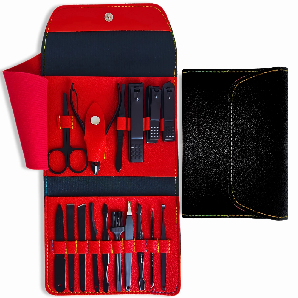 Truse manichiura si pedichiura - Trusa manichiura 16 piese, otel negru mat, etui din piele ecologica rosie