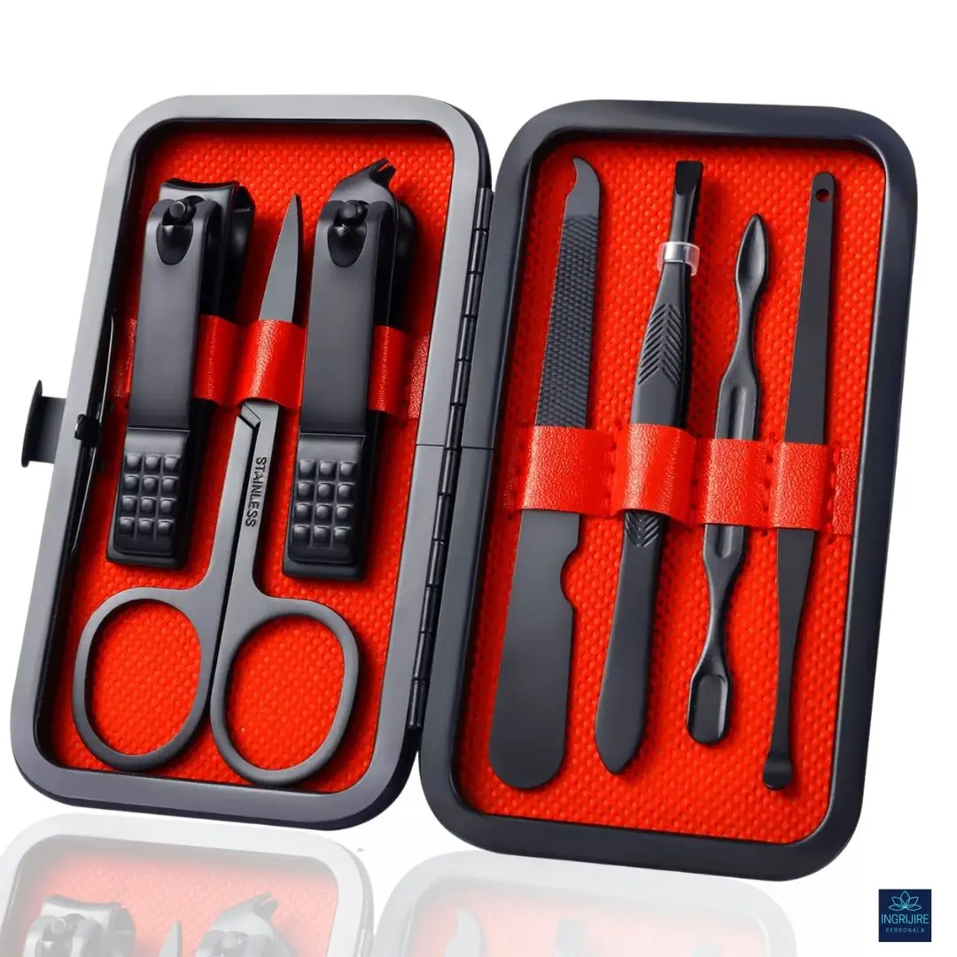 Trusa manichiura 7 piese Black&Red, otel negru mat