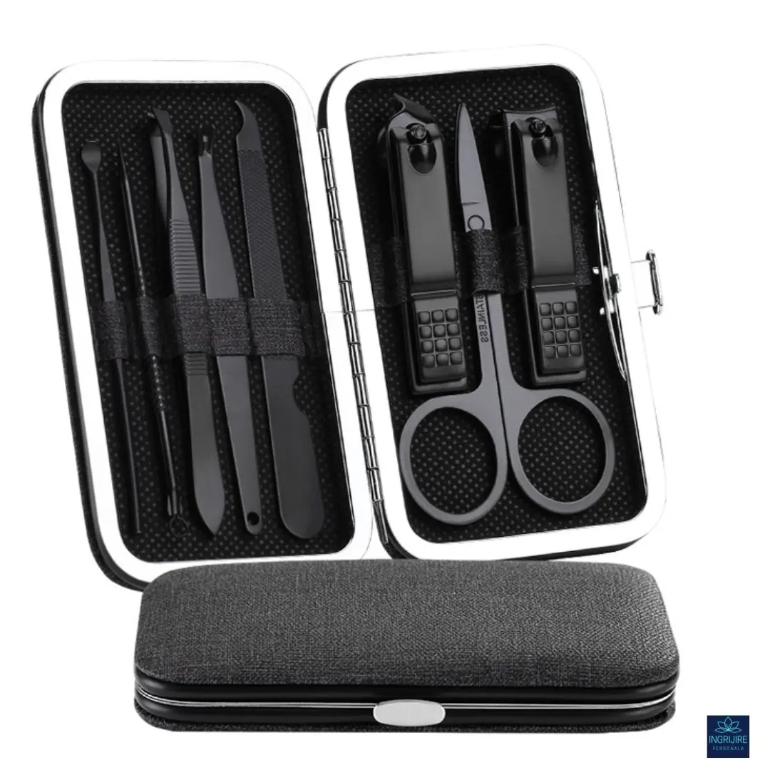 Manichiura si pedichiura - Trusa manichiura Black 8 piese, otel negru mat