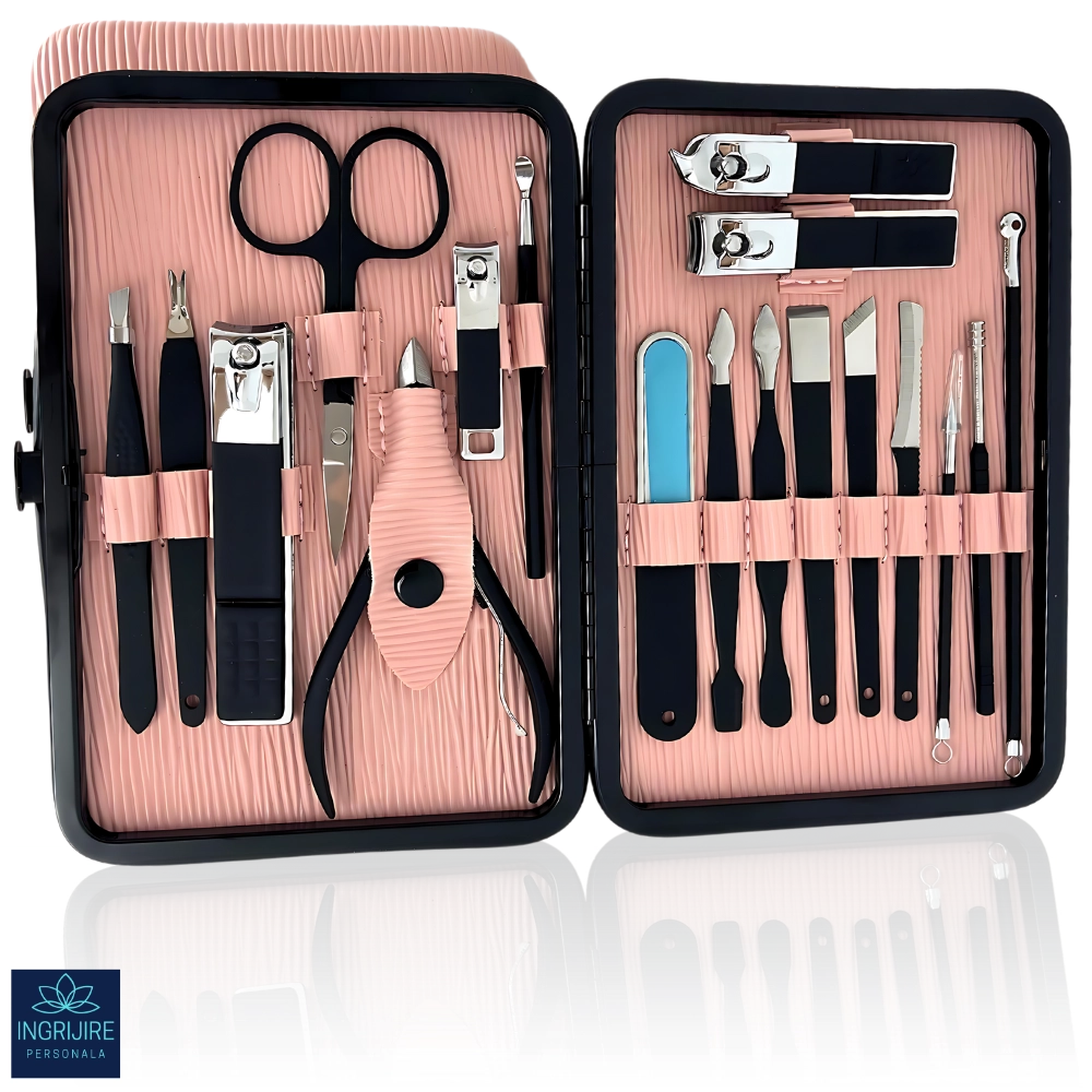 Truse manichiura si pedichiura - Trusa manichiura profesionala 18 piese, Black&Pink