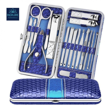 Manichiura si pedichiura - Trusa manichiura profesionala 18 piese, Silver, Ocean Blue