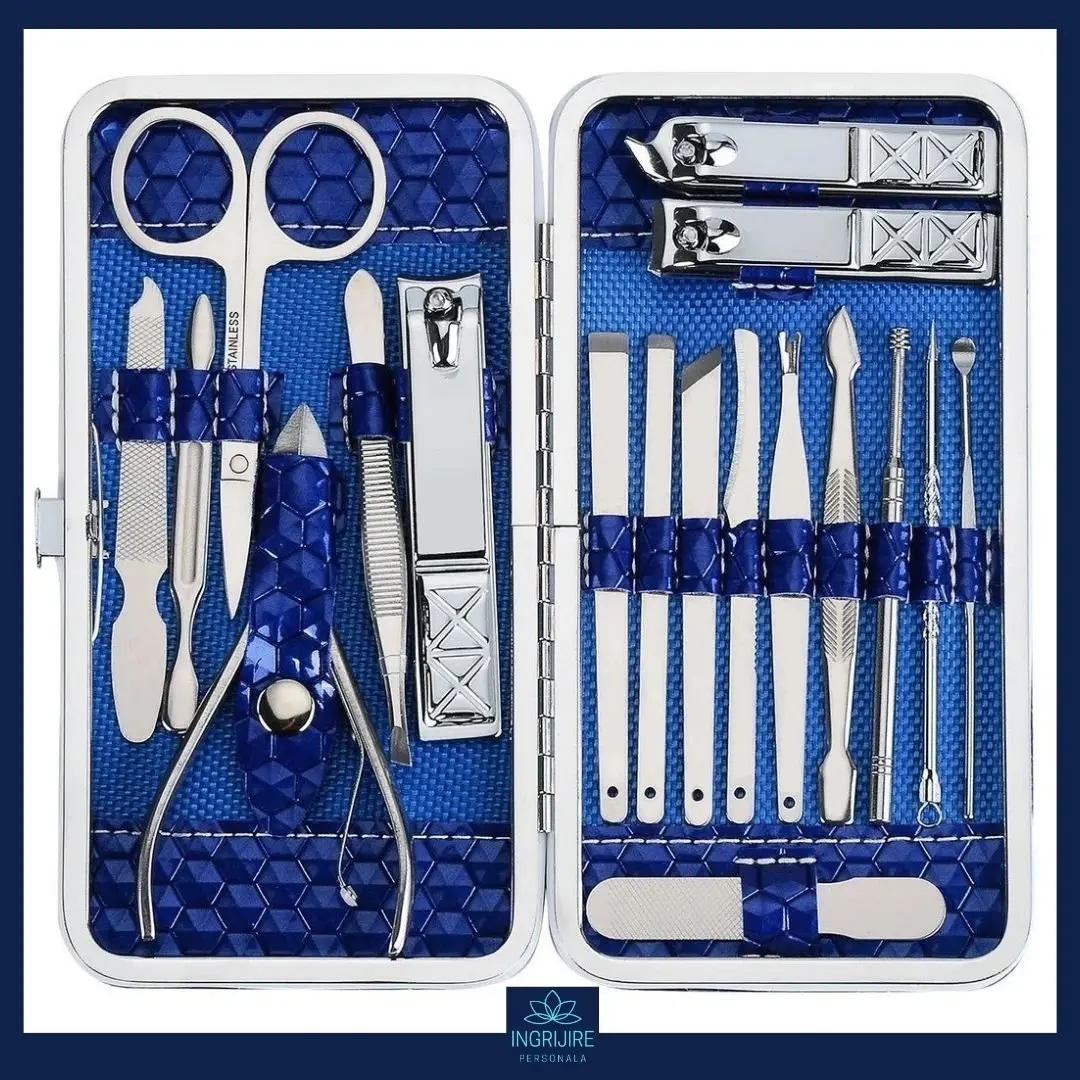 Trusa manichiura profesionala 18 piese, Silver, Ocean Blue