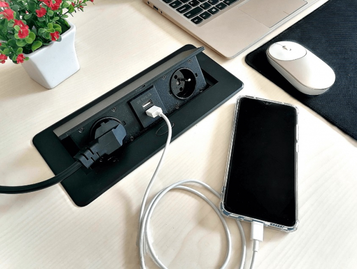 Priza încastrată în blatul biroului cu 2 prize și 2x USB 2.1 - Neagră [7]