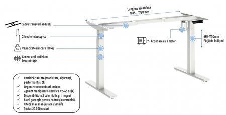 Promo - Cadru birou reglabil inoLift Uno PRO - 1 motor, sarcina 100kg,  transport gratuit [1]