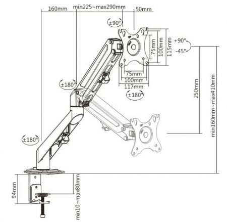 Suport monitor Gas Spring 17"-27", 6.5 Kg, h=160-410mm [1]