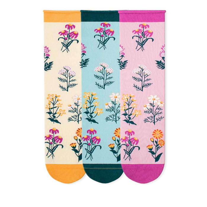 Cutie cu 3 perechi de șosete Fine din Bumbac organic cu model floral culori deschise [2]