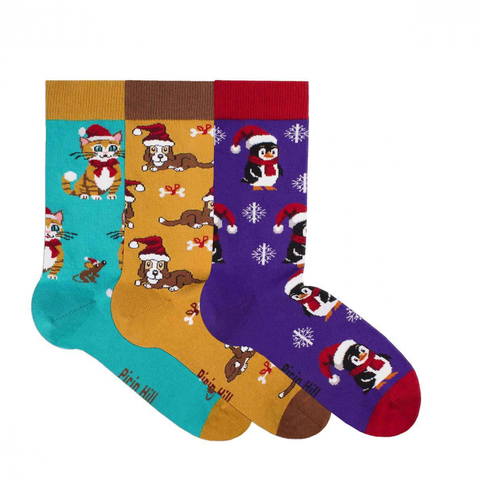 Set 3 perechi de sosete bumbac organic de craciun Colour Cotton Wintertime- Pinguin, Catel si Pisicuta [2]