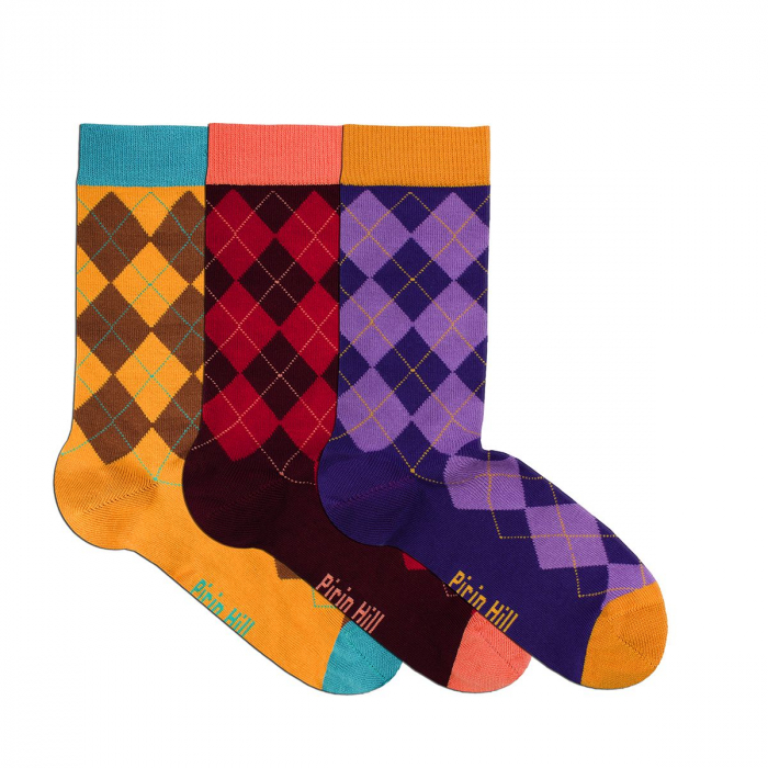 Sosete bambus COMFORT FEET Argyle Box 3buc. Purple Yellow Bordeaux [2]