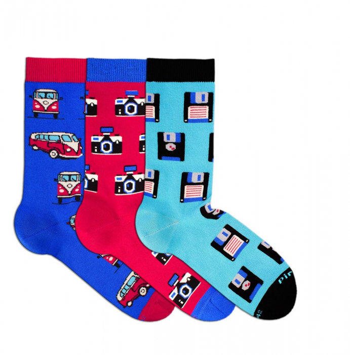Sosete bumbac BOX 3 Colour Cotton Socks RETRO Floppy disks Cameras Buses [2]