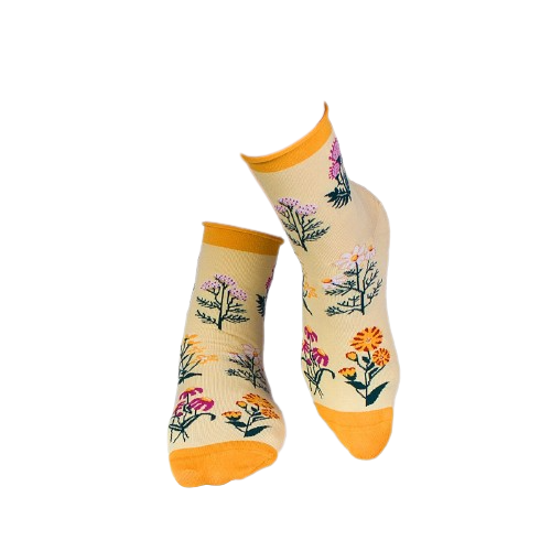 Sosete bumbac de lungime medie, model floral, Galben [4]