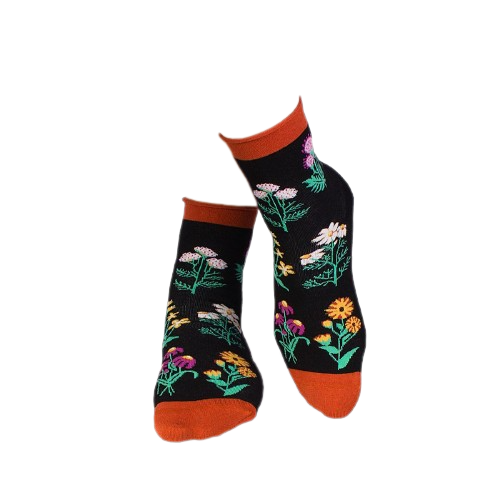 Sosete bumbac de lungime medie, model floral, Negru [2]