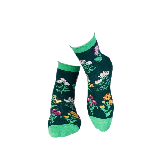 Sosete bumbac de lungime medie, model floral, Verde Inchis [4]