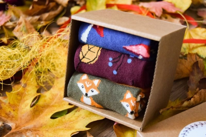 Sosete bumbac organic BOX 3 COLOUR COTTON MUSHROOMS LEAVES FOXES [2]