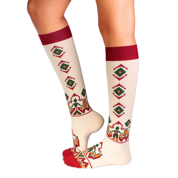 Șosete dama lungi 3/4 din bumbac cu motive traditionale românești Ecru [2]