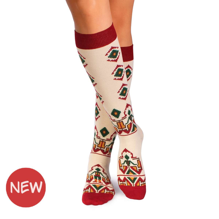 Șosete dama lungi 3/4 din bumbac cu motive traditionale românești Ecru [1]