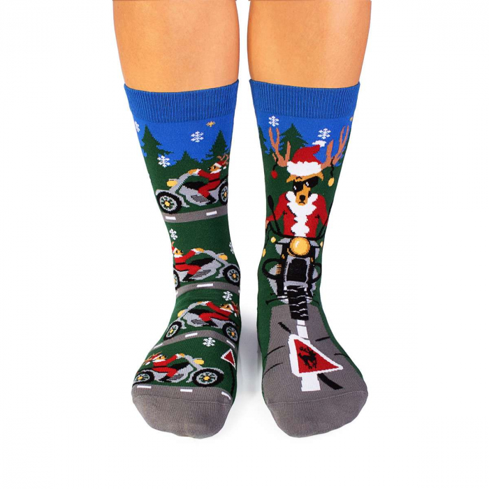Sosete din bumbac organic de Craciun Arty Socks Cerb Motociclist Verde inchis [2]