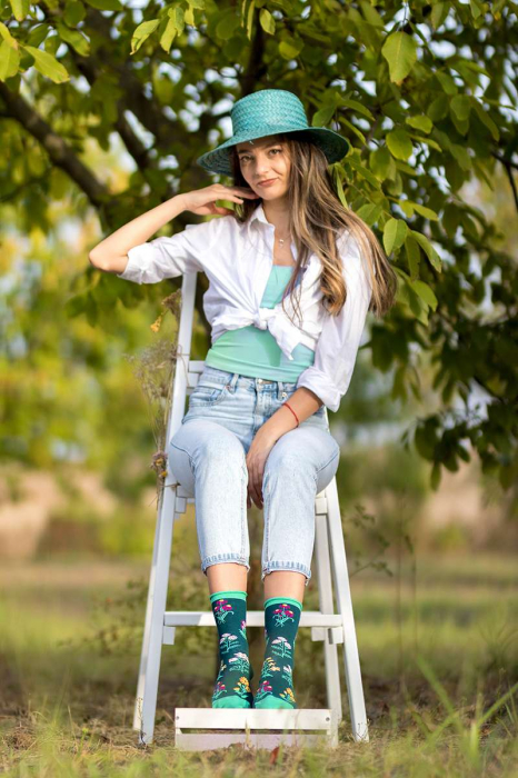 Șosete Fine din Bumbac organic cu model floral Verde [3]