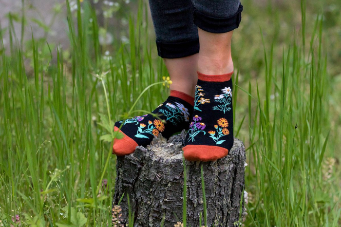 Sosete scurte bumbac, model floral, Negru [2]