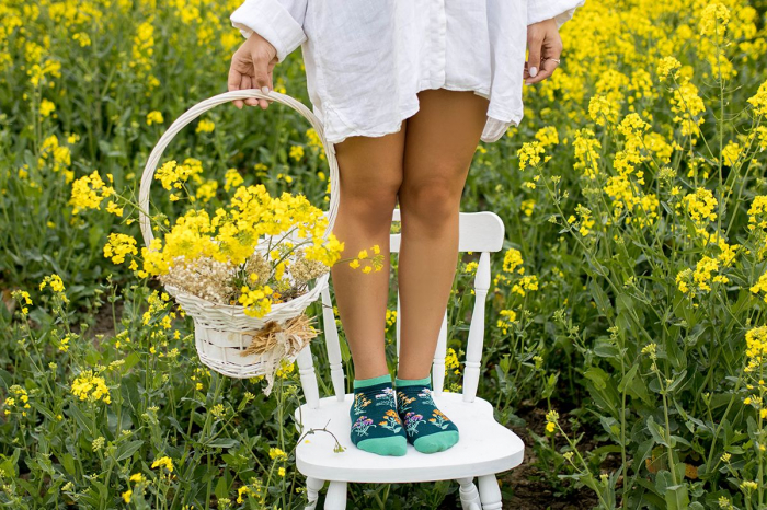 Sosete scurte bumbac, model floral, Verde Inchis [3]