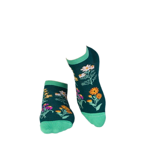 Sosete scurte bumbac, model floral, Verde Inchis [4]