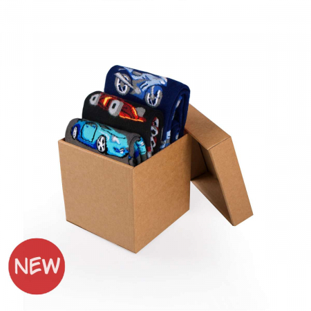 Gift Box-uri Amuzante - Cutie cu 3 perechi de sosete din bumbac oraganic Masini