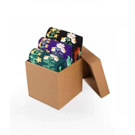 Gift Box - Pachete si Cutii cu Sosete - Cutie cu 3 perechi de șosete Fine din Bumbac organic cu model floral culori închise