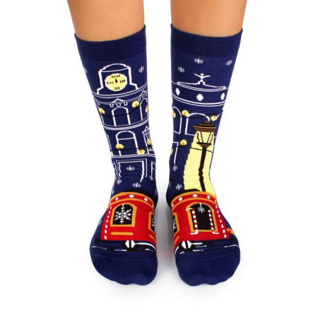 Sosete amuzante femei - Șosete Arty Socks de Crăciun din bumbac Tramvai Albastru