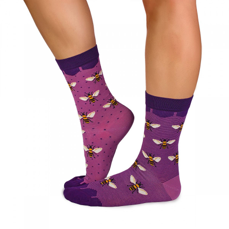 Sosete amuzante femei - Sosete bambus FINE BAMBOO Bees - Purple