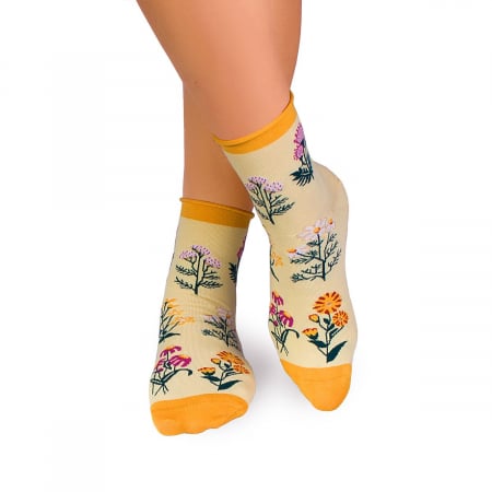 Flori - Sosete bumbac de lungime medie, model floral, Galben