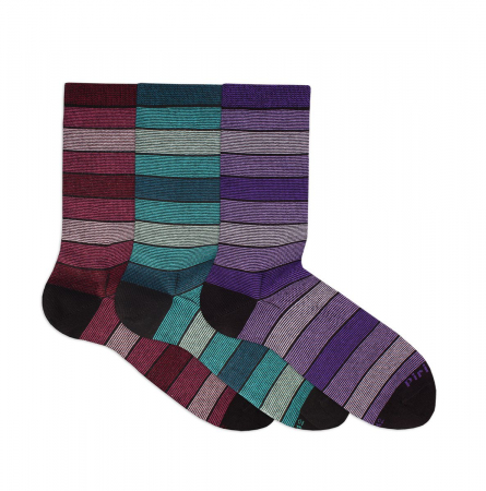 Dungi, buline si romburi - Sosete bumbac organic cu dungi 98% COTTON RICH Box 3 Violet Bordeaux Turcoaz
