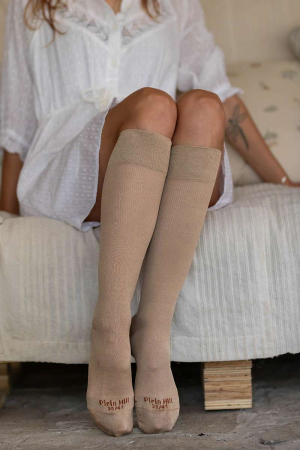 Sosete lungi 3/4 - Șosete compresive pentru gambe late lungi 3/4 din Bumbac Mercerizat Bej