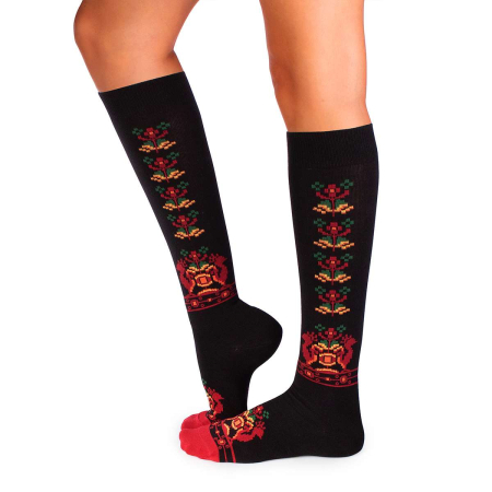 Sosete lungi 3/4 - Șosete dama lungi 3/4 din bumbac cu motive traditionale românești Negru