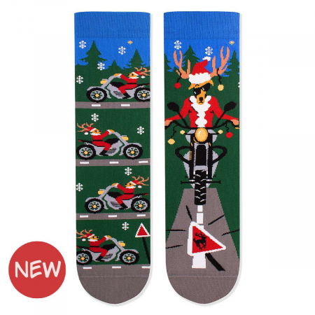 Animale - Sosete din bumbac organic de Craciun Arty Socks Cerb Motociclist Verde inchis