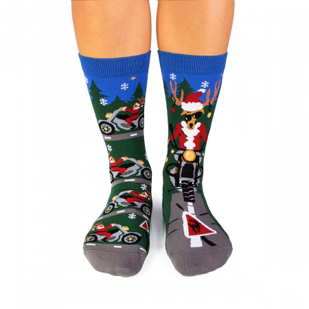 Animale - Sosete din bumbac organic de Craciun Arty Socks Cerb Motociclist Verde inchis