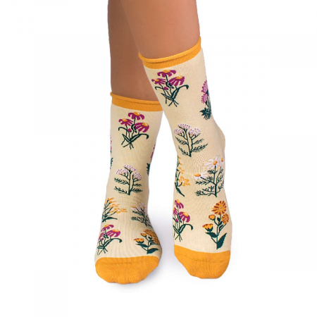 Flori - Șosete Fine din Bumbac organic cu model floral Galben